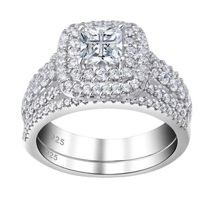 Newshe 925 Sterling Silver Princess Cross Halo Cubic Zirconia Wedding Ring Sets for Women Elegant Engagement Rings Sz 4-13
