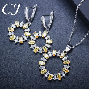 CANDICE Oval Yellow Platinum Plated Costume Party Jewelry Set Fashion Hollow Out Round Dangle Necklace Hoop Earrings with Silver Plated for Women Accessories