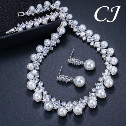 CANDICE High Quality White Gold Plating Square CZ Stone With White Pearl Luxurious Bridal Jewelry Wedding Choker Necklace and Drop Earrings Sets for Brides Dress Accessories