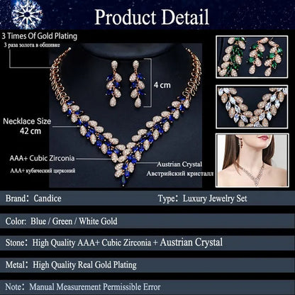CANDICE High Quality Green Crystal Dubai Gold Plated Jewelry Sets Luxury CZ Stone African Necklace Earrings Wedding Set for Bridal Party