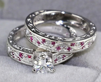 TWO RINGS Sz6-12 Couple Rings His Hers Ruby Heart Shape Cz Womens Ring Tungsten Steel Ring