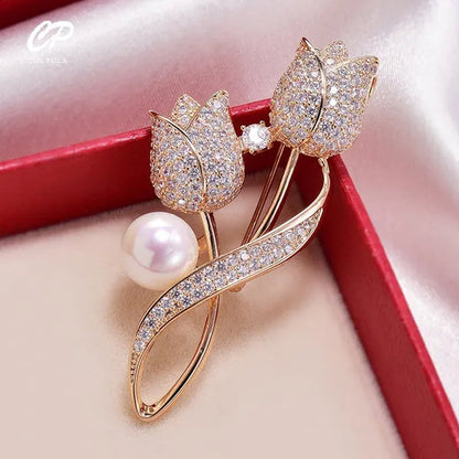 Brooch Rhinestone Tulip Flower Brooch Anti-Glare Suit Brooch Collar Pin Jewelry