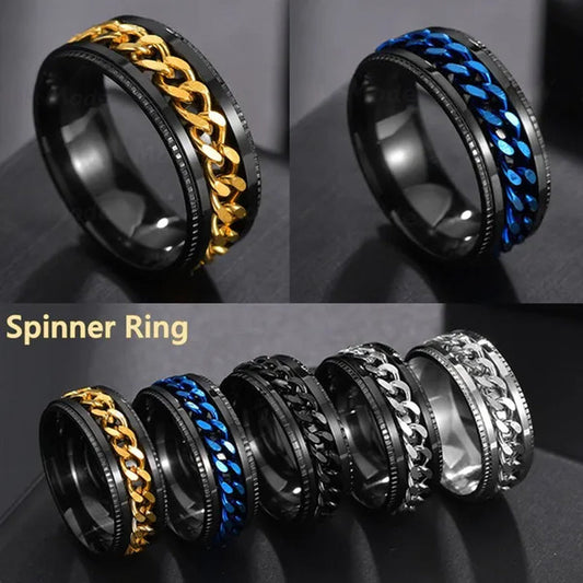 Fashion Punk Stainless Steel 8Mm Rings for Men Chain Rings Biker Grooved Edge, Size 6-12