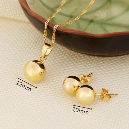 Ball Round Pendant Necklace Ball Round Earrings Jewelry 24K Gold Women Best Party Fine Jewelry