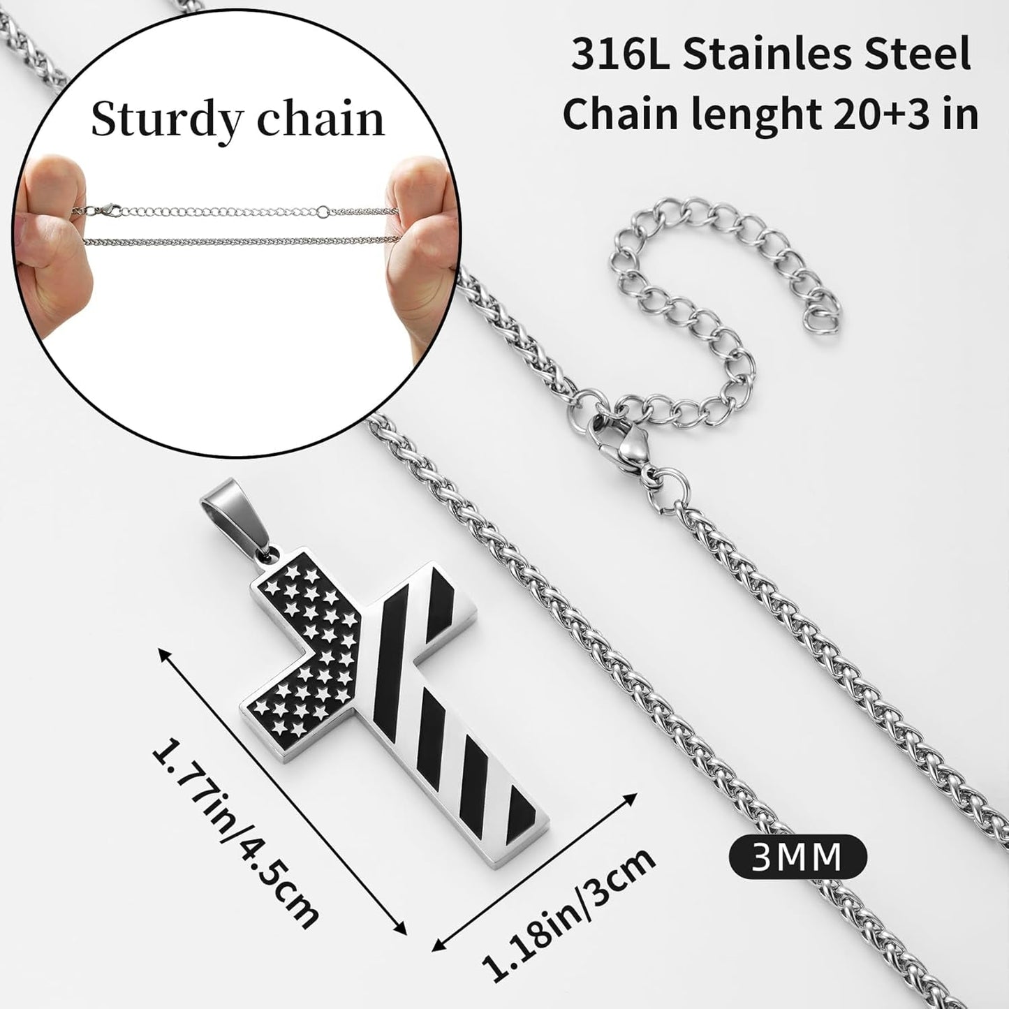 American Flag Cross Necklace Stainless Steel Bible Verse Pendant Men Military Religious Jewelry Gift 20+3 Inch Chain