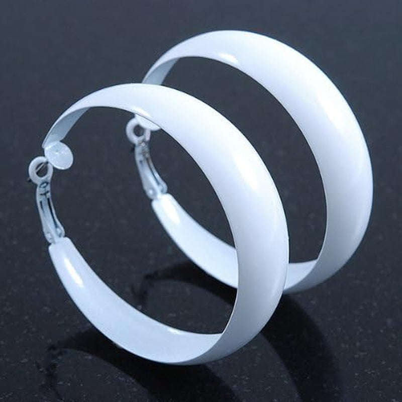 Wide Large White Enamel Hoop Earrings - 55Mm Diameter