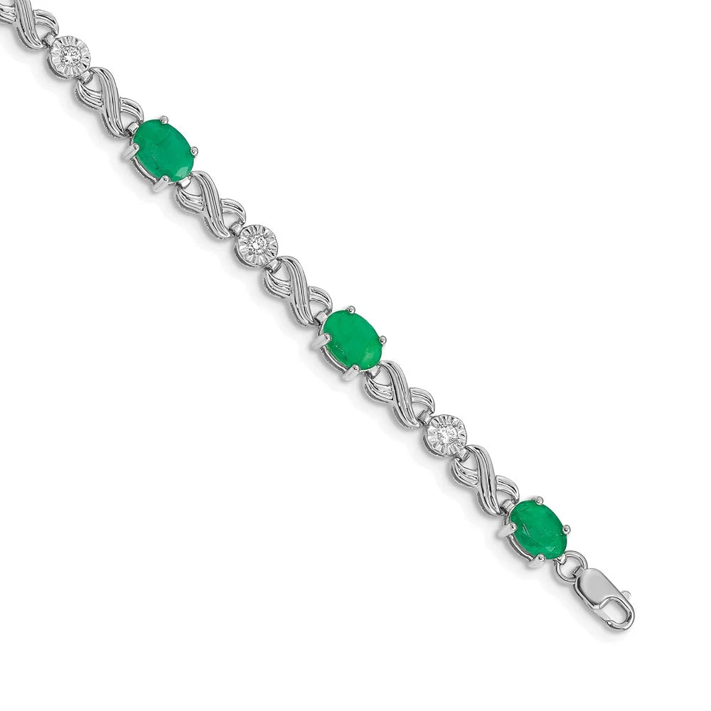 14 Karat White Gold Diamond and Emerald Infinity Bracelet
