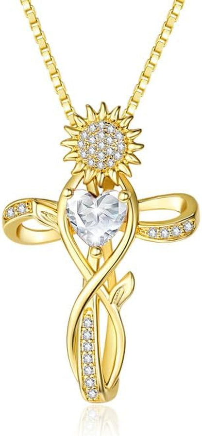 Cross Necklace for Women,18K Gold/ White Gold Plated Sunflower Cross Pendant Diamond Necklaces Christian Everyday Faith Cross Jewelry First Communion Gifts, 12-Color Birthstone Necklace for Women