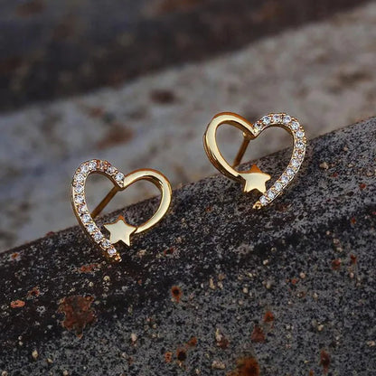 Gold Love Heart Star White Sapphire Diamond Stud Earrings for Women Wedding Engagement Bride Jewelry Gift