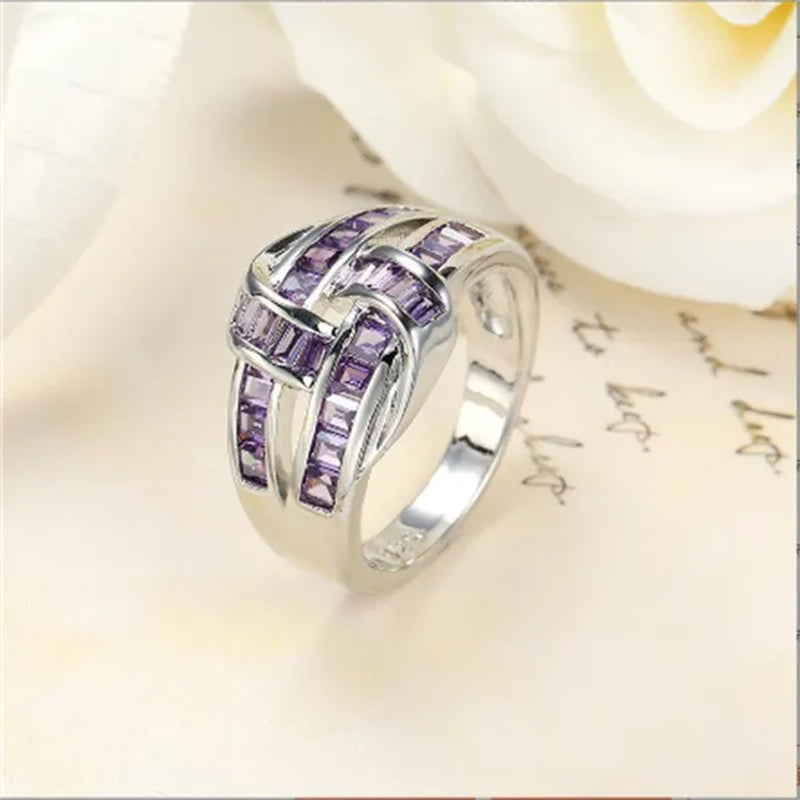 Princess Silvering Purple Amethyst Gemstone Birthstone Wedding Engagement Heart Ring