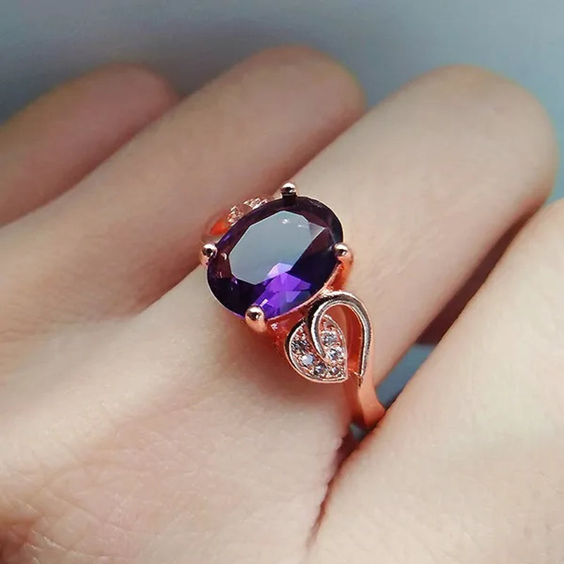 Fashion Amethyst Flower Pendant Necklace Water Drop Cubic Ziconia Earrings Four Leaf Clover Bracelet Double Heart Open-End Ring Jewelry Set For Women Gift