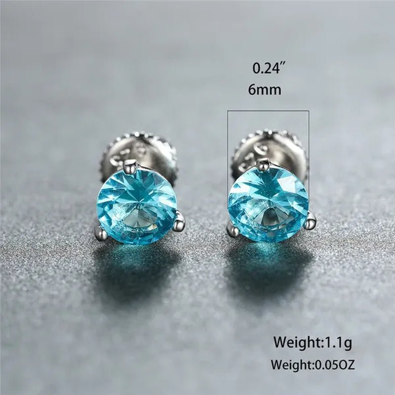 8MM 925 Silver/14K Gold/Rose Gold Round Cut Light Aqua Blue Aquamarine Stud Earrings Round Lab Diamond Screwback Stud Earrings - WORLD TIME VISITS