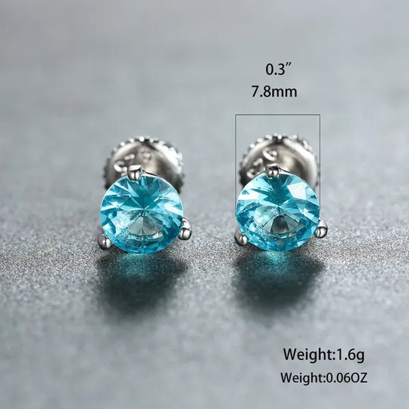 8MM 925 Silver/14K Gold/Rose Gold Round Cut Light Aqua Blue Aquamarine Stud Earrings Round Lab Diamond Screwback Stud Earrings - WORLD TIME VISITS