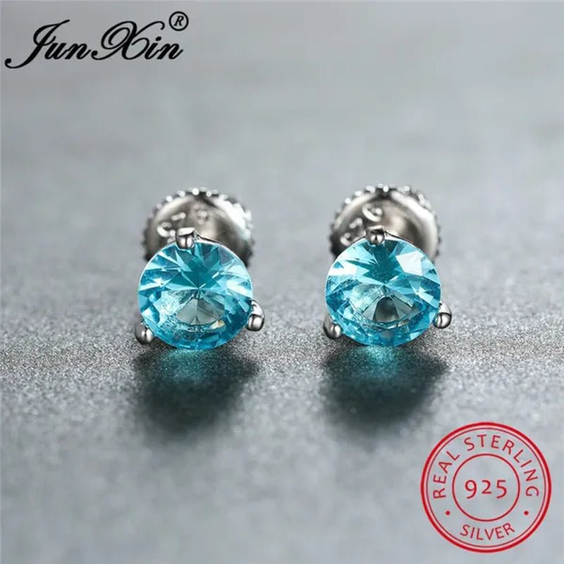8MM 925 Silver/14K Gold/Rose Gold Round Cut Light Aqua Blue Aquamarine Stud Earrings Round Lab Diamond Screwback Stud Earrings - WORLD TIME VISITS