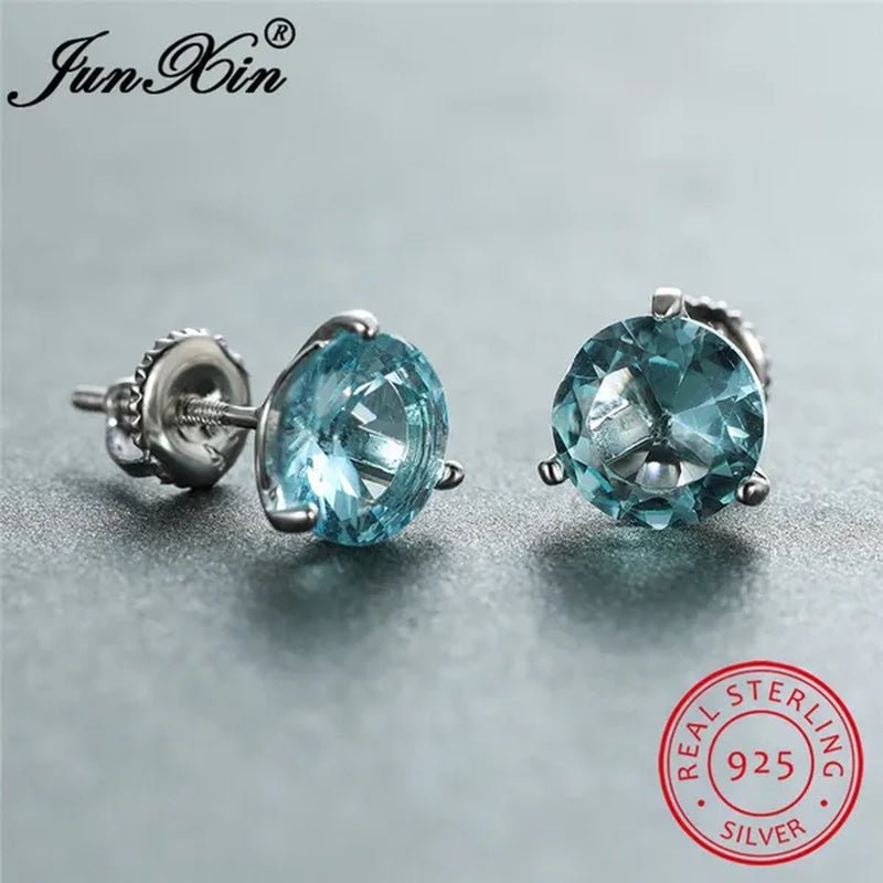 8MM 925 Silver/14K Gold/Rose Gold Round Cut Light Aqua Blue Aquamarine Stud Earrings Round Lab Diamond Screwback Stud Earrings - WORLD TIME VISITS