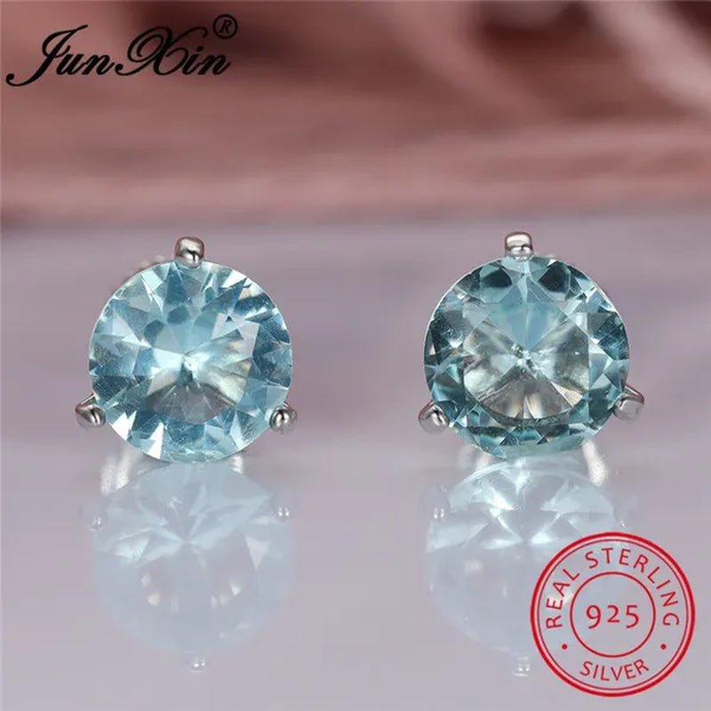 8MM 925 Silver/14K Gold/Rose Gold Round Cut Light Aqua Blue Aquamarine Stud Earrings Round Lab Diamond Screwback Stud Earrings - WORLD TIME VISITS