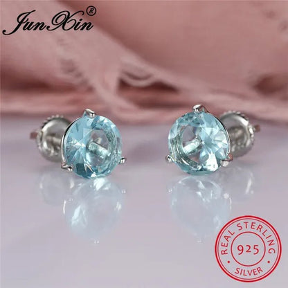 8MM 925 Silver/14K Gold/Rose Gold Round Cut Light Aqua Blue Aquamarine Stud Earrings Round Lab Diamond Screwback Stud Earrings - WORLD TIME VISITS