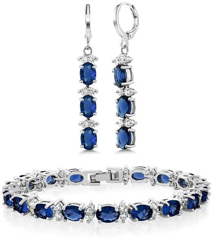 7 Inch Emerald Amethyst Ruby Sapphire and White Tennis Bracelet Set With Matching 2 Inch Oval Dangle Earrings For Women