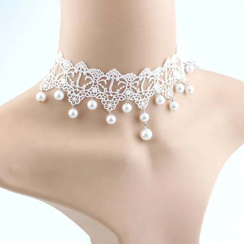 White Lace Necklace Chokers Black Collares Vintage Style Female Gothic Wedding Red Rose Crystal Diamond Pendant Collarbone Necklaces Chain Accessories for Women Girls - WORLD TIME VISITS