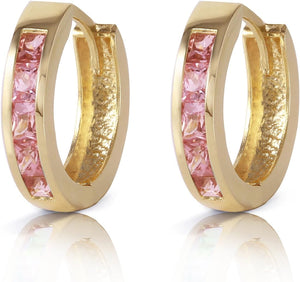 14K Solid Yellow Gold Hoop Huggie Earrings with 1.3 CTW Natural Pink Sapphire