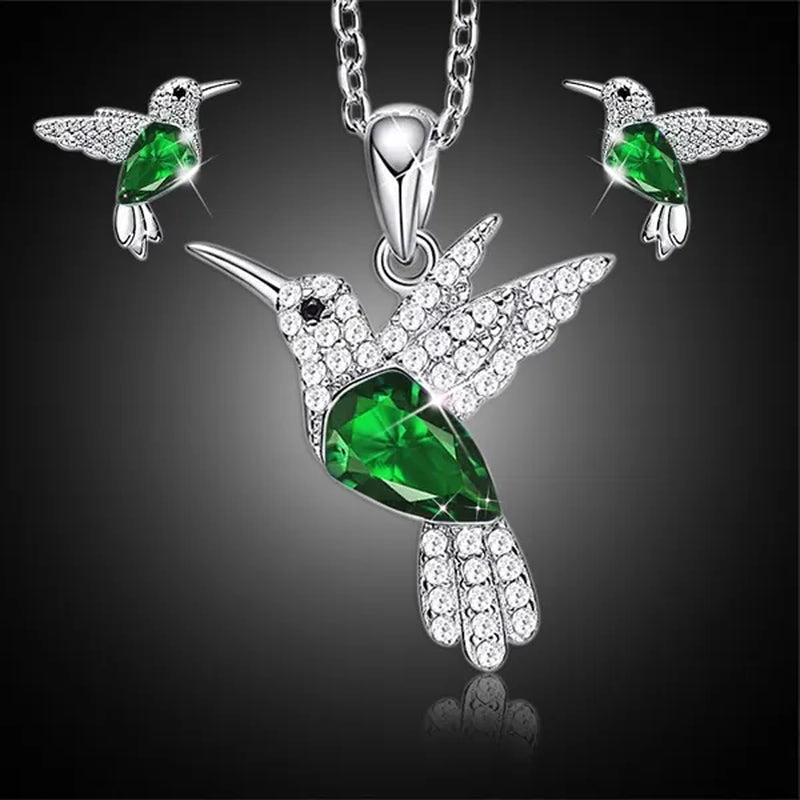 Hummingbird  Silver Jewelry Set Women Pendant Necklace and Stud Earring Set CrystalsFine Animal Jewelry, Gift for Mothers Day