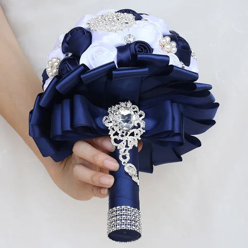 20CM Navy Blue & White Silk Rose Wedding Bouquet Pearl Rhinestone Brooch Bridal Bouquet Ribbon Artificial Flower Creative Holding Flowers