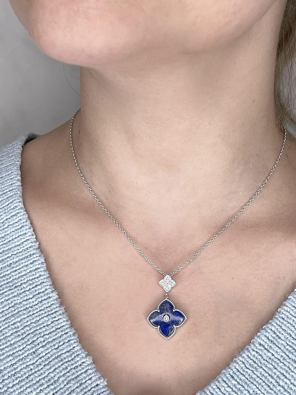 Black Onyx or Mother of Pearl and Cubic Zirconia Double Flower Pendant Necklace in 925 Sterling Silver with Gold Plating 16 to 18 Inches Adjustable Chain Spring Ring
