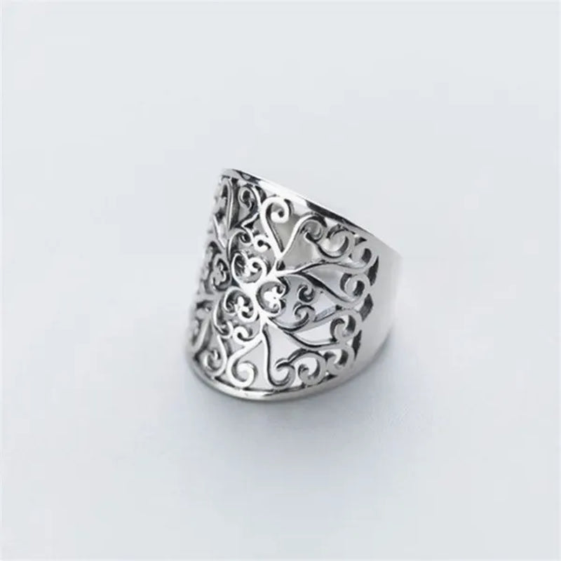 Wide Face Hollow Flower Vintage Open Ring 925 Pure Silver Carving Women's Ring Size Adjustable Opening