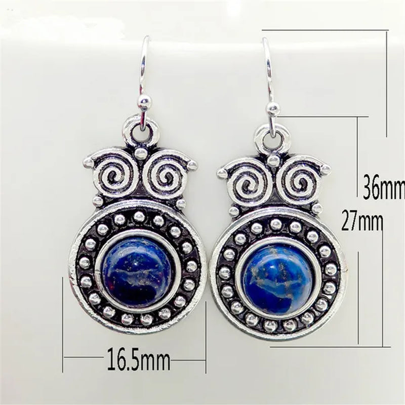 Retro Tibetan Silver Natural Ruby Sapphire Inlay Owl Ear Hook Dangle Earrings Gift for Women - WORLD TIME VISITS