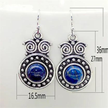 Retro Tibetan Silver Natural Ruby Sapphire Inlay Owl Ear Hook Dangle Earrings Gift for Women - WORLD TIME VISITS