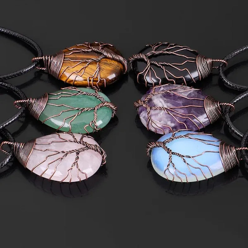 Vintage Natural Gemtone Crystal Amethyst Rose Quartz Tiger Eye Stone Water Drop Tree of Life Pendant Necklace for Women Men Jewelry