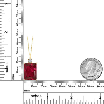 20.27 Cttw Red Created Ruby and White Lab Grown Diamond Pendant Necklace for Women in 18K Yellow Gold Plated Silver | Emerald Cut 18X13MM | with 18 Inch Silver Chain