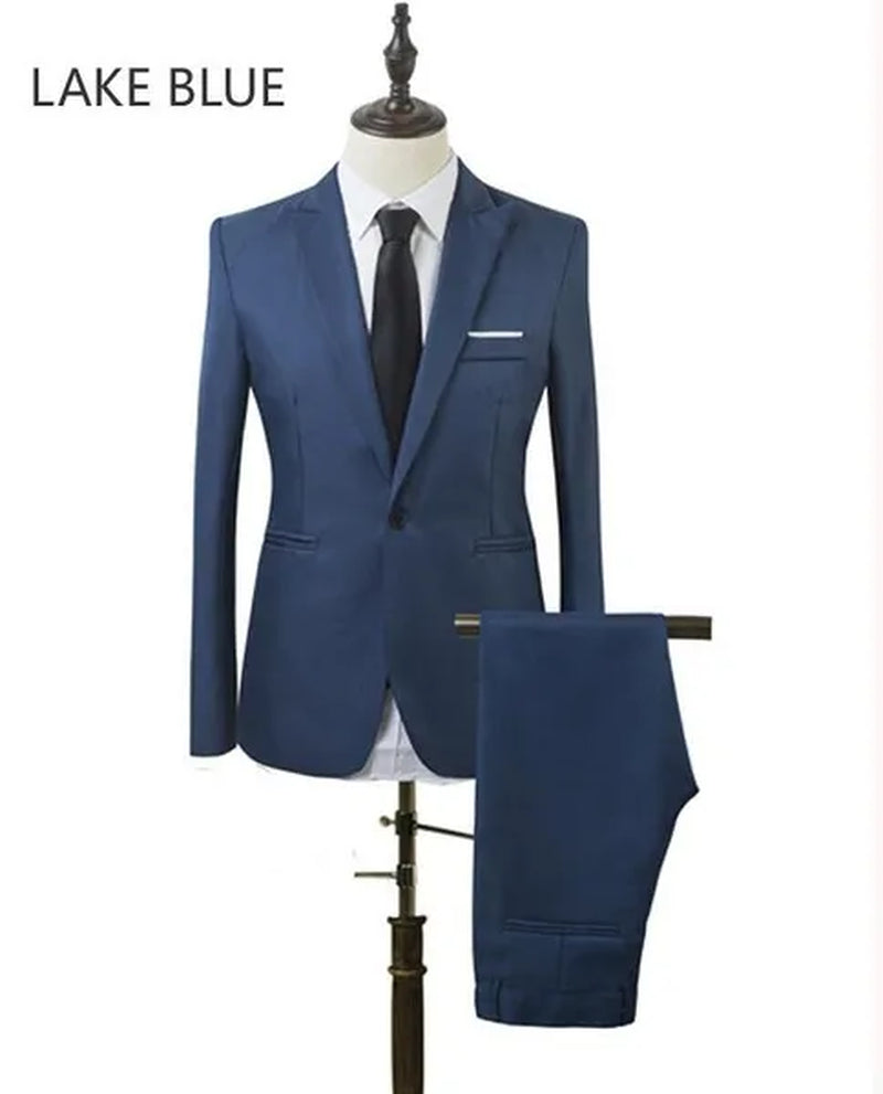 2 Pieces Blazer Men New High Quality Business Formal Wear Men Suits One Button Slim Fit Suit Men Blazer Set Blue Hot Sale Wedding Suit
