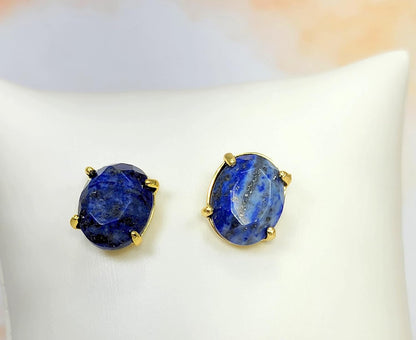 Real Natural Stones Lapis Lazuli Earrings Oval Faceted Stud Earrings Gold-Filled Genuine Gemstone USA