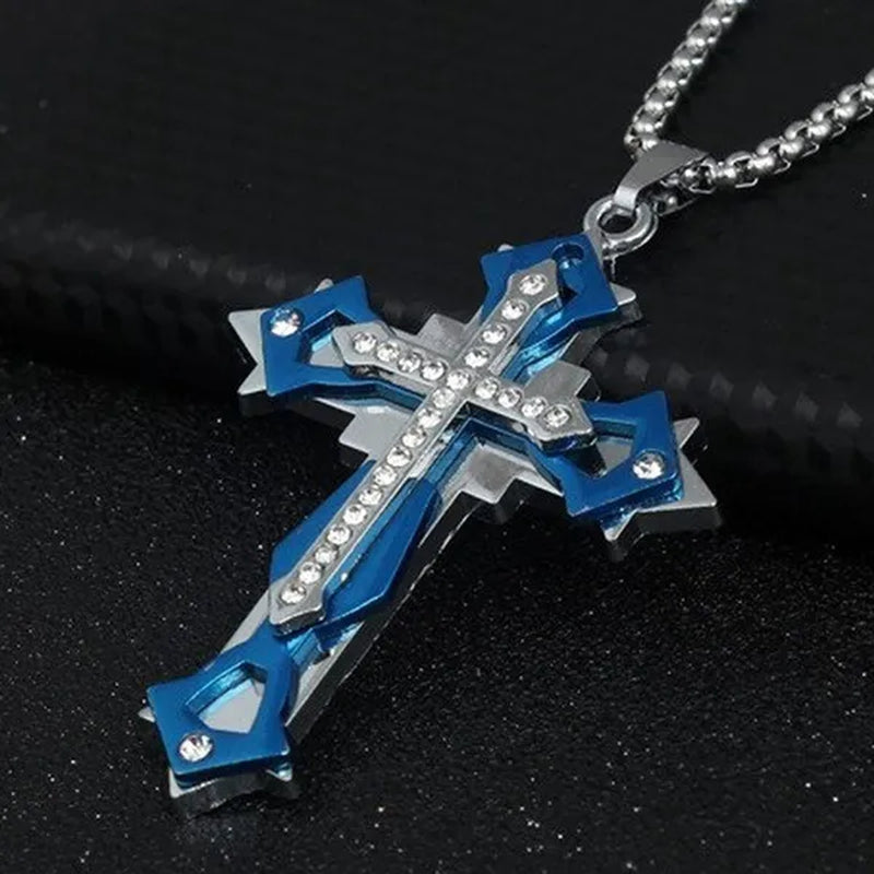 Fashion Men's Creative Diamond Cross Necklace Double Pattern Jesus Cross Pendant Hip Hop Necklaces for Men Cross Jewelry Religious Belief Amulet Birthday Anniversary Gift
