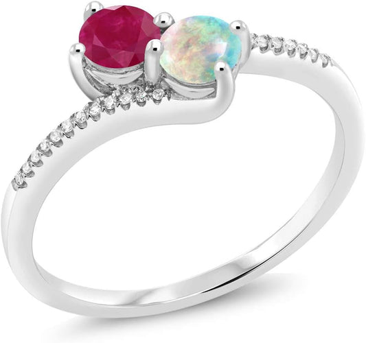 10K White Gold Forever United 2 Stone Red Ruby and White Simulated Opal and Diamond Engagement Ring for Women (0.72 Cttw, Round, Avaiable in Size 5,6,7,8,9)