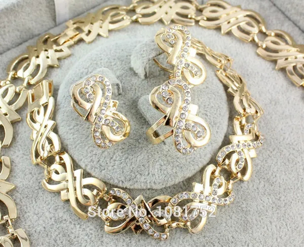 Hot Gold Plated Crystal Charming Necklace Fashion Romantic Wedding Necklace Earrings Bracelet Ring Jewelry Sets