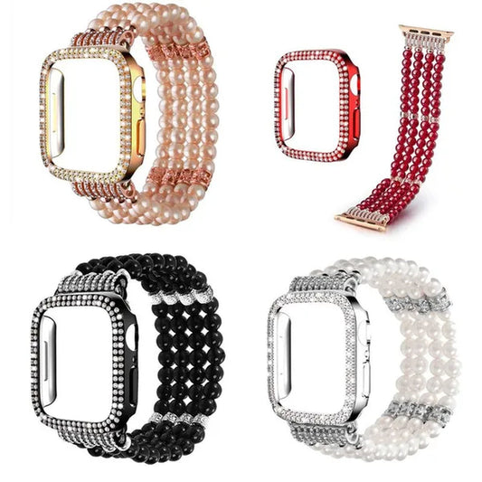 Diamond Case + Pearl Strap for Apple Watch Strap 49Mm 40Mm 44Mm 41Mm 45Mm 38Mm 42Mm 40Mm Iwatch Series 9 Ultra 8 7 6 5 4 3 2 1 SE