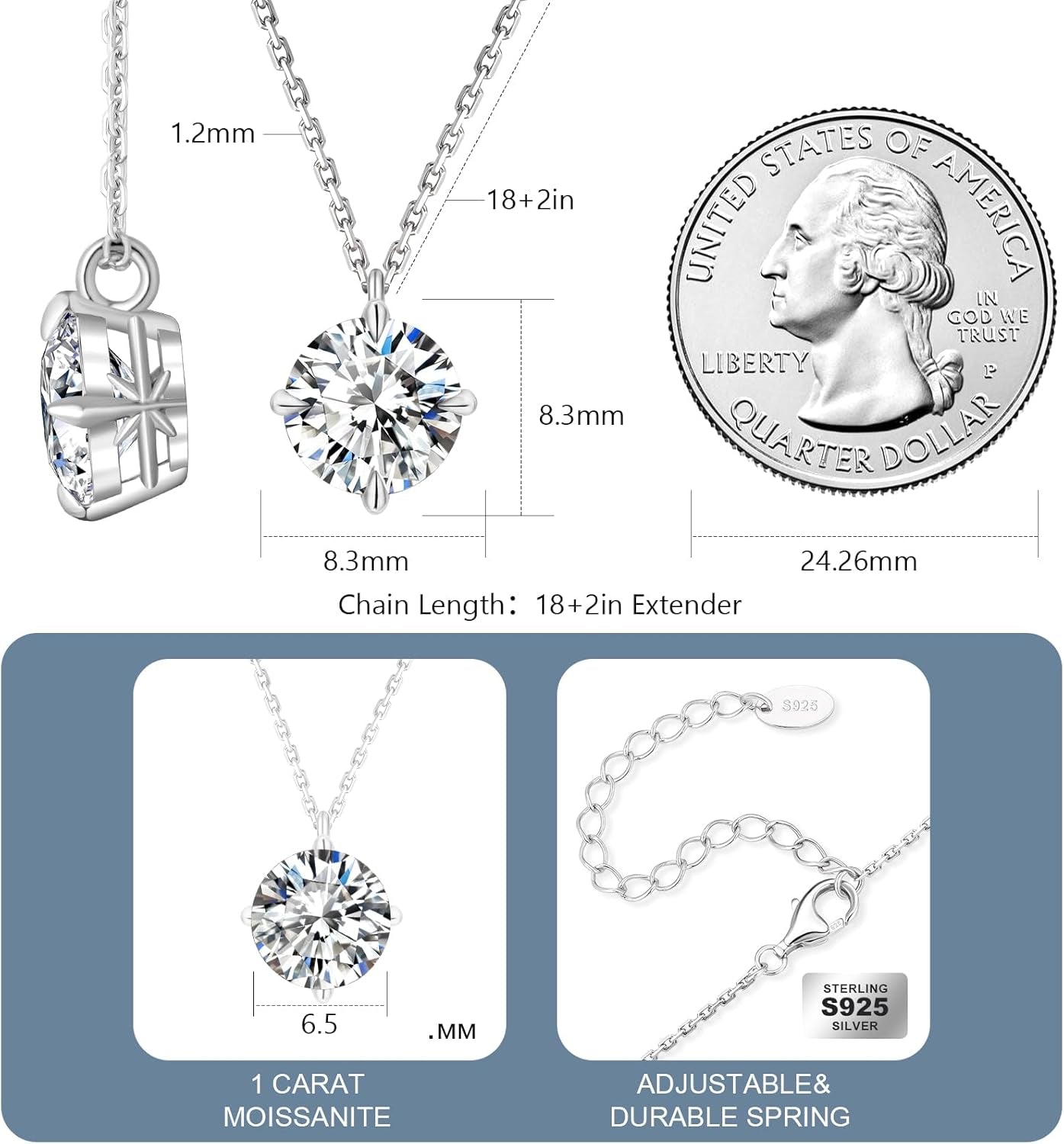 Moissanite Pendant Solitaire Necklace for Women, 0.5CT/1CT/2CT/3CT/4CT Lab Created Diamond with VVS1 Clarity D Color, Adjustable 14K White Gold Plated S925 Sterling Silver Chain for Anniversary Christmas Day Mother'S Day Valentines Gift