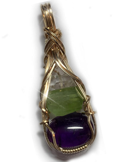 Amethyst Peridot Crystal and Herkimer Diamond Necklace Pendant Sterling Silver Detox Weight Loss Vibration Energy Dtxs1 (Gold-Filled)