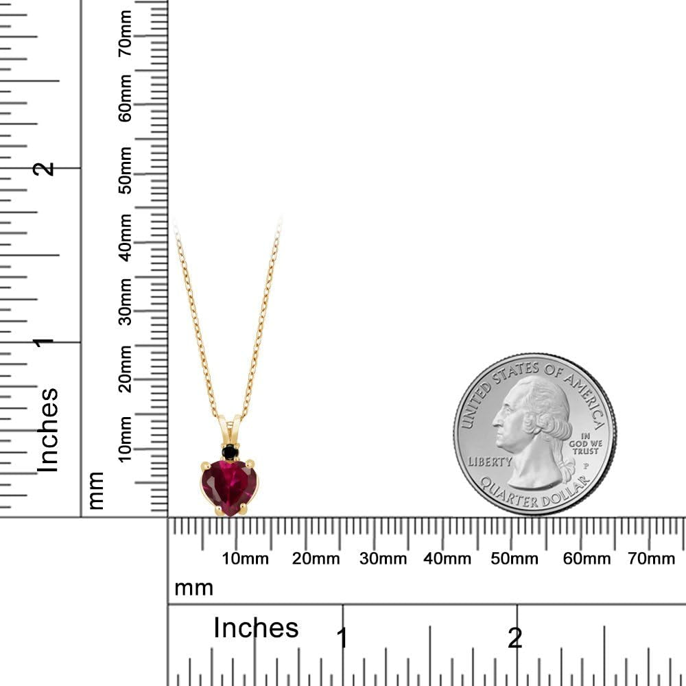 14K Yellow Gold Red Created Ruby and Black Diamond Pendant Necklace for Women (2.25 Cttw, Heart Shape 8MM, with 18 Inch Chain)