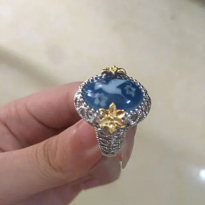 Exquisite Bridal Ring White Bird Pigeon Dove Blue Wax Zircon Jewelry Flower Exaggerated Engagement Cocktail Party Wedding Band Rings for Women