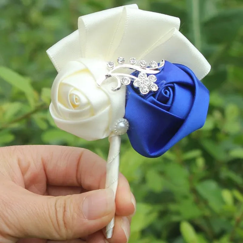Handmade 8piece/lot Colorful Silk Rose Wedding Corsages Boutonniere Groom Diamond Wedding Flowers Boutonniere Brooch Flower