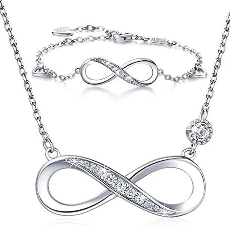 925 Sterling Silver Necklace Bracelet One Sets Forever Love” Infinity Heart Love Jewelry Sets White Gold Plated Diamond Women Necklace Gift for Mother's Day - WORLD TIME VISITS