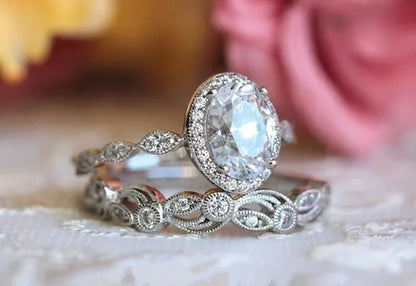 2pcs Simple Silver Color Ring Floral Engraved White Zirconia Women's Ring Wedding Anniversary Christmas Gift Beach Party Jewelry