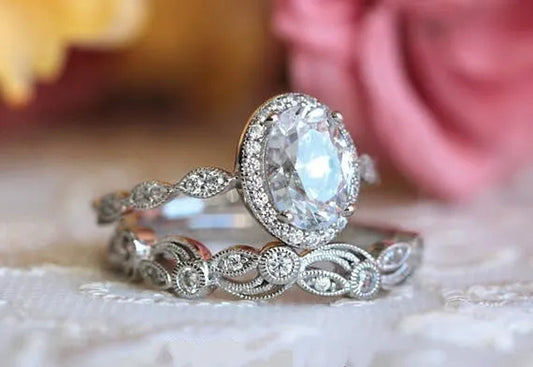 2pcs Simple Silver Color Ring Floral Engraved White Zirconia Women's Ring Wedding Anniversary Christmas Gift Beach Party Jewelry