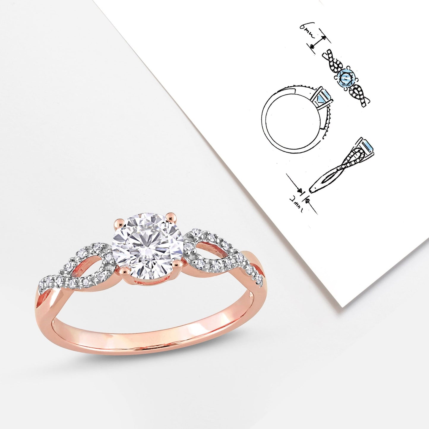 Women'S Engagement Anniversary Bridal 1 CT Round-Cut Created White Sapphire 1/10 CT Diamond 10Kt Rose Gold Solitaire Ring with Infinity Band with 4/Claw/Shared Prong Setting (G-H, I1-I2)