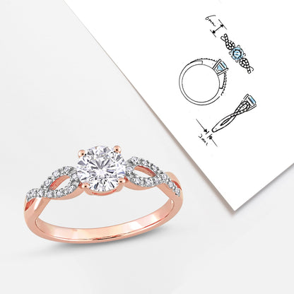 Women'S Engagement Anniversary Bridal 1 CT Round-Cut Created White Sapphire 1/10 CT Diamond 10Kt Rose Gold Solitaire Ring with Infinity Band with 4/Claw/Shared Prong Setting (G-H, I1-I2)