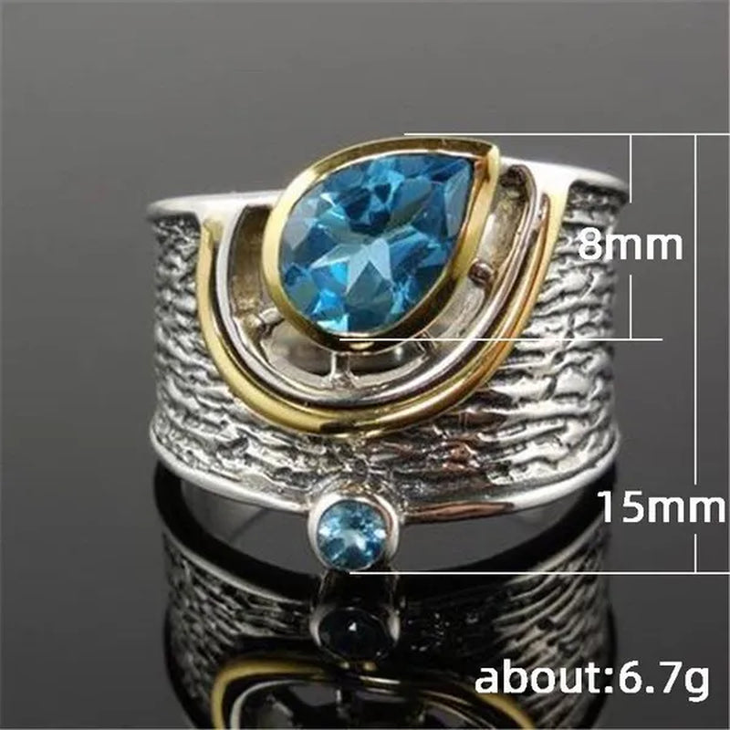 Fashion Boho Two Tone Ring Blue Sapphire Vintage Wide Ring for Women Fine Jewelry Gifts