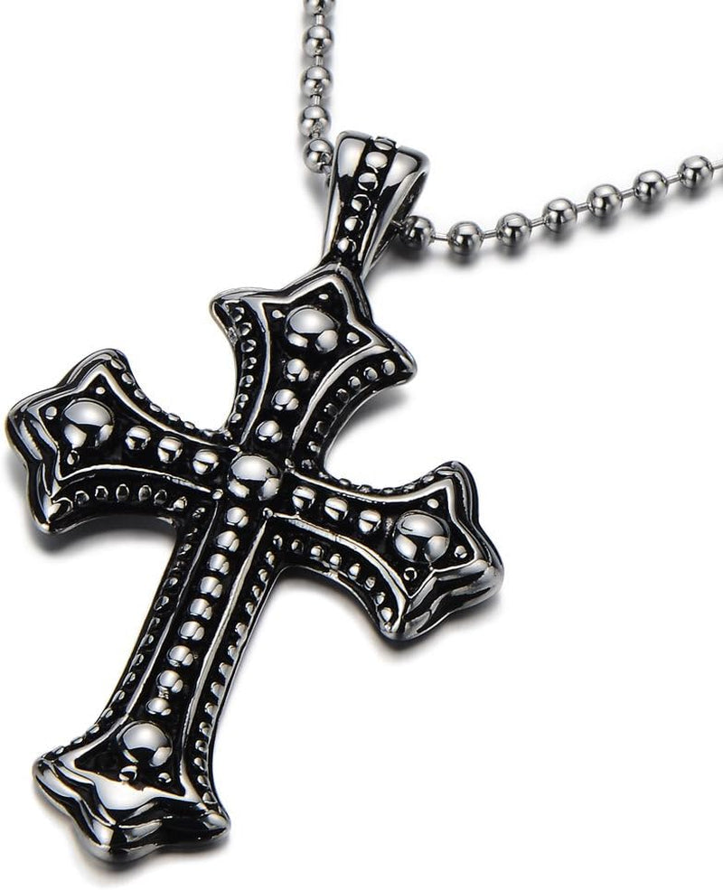 Men'S Stainless Steel Gothic Cross Necklace, Distressed Silver Tone Religious Pendant with Ball Chain, Vintage Biker Jewelry Gift